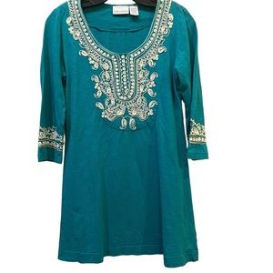 Soft Surroundings Teal Tunic with Cream Embroidery